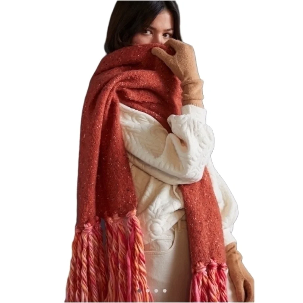 Anthropologie Bronze Orange Brown Tasseled Scarf Shawl Blanket NWT